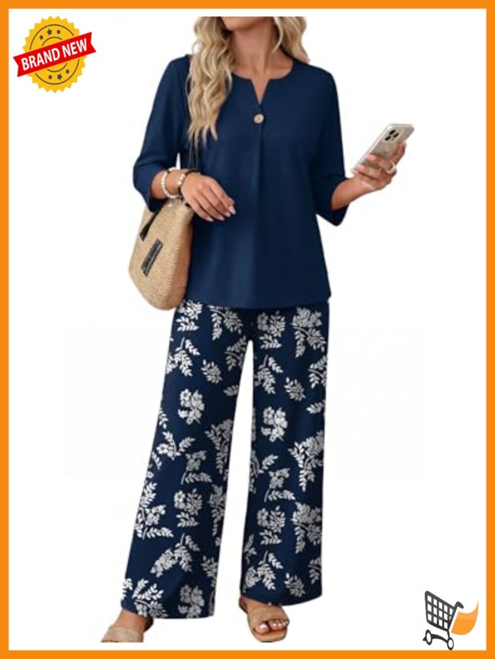Women's Two Piece Lounge Set 3/4 Sleeve Notched V-Neck Top Wide Leg Pants
